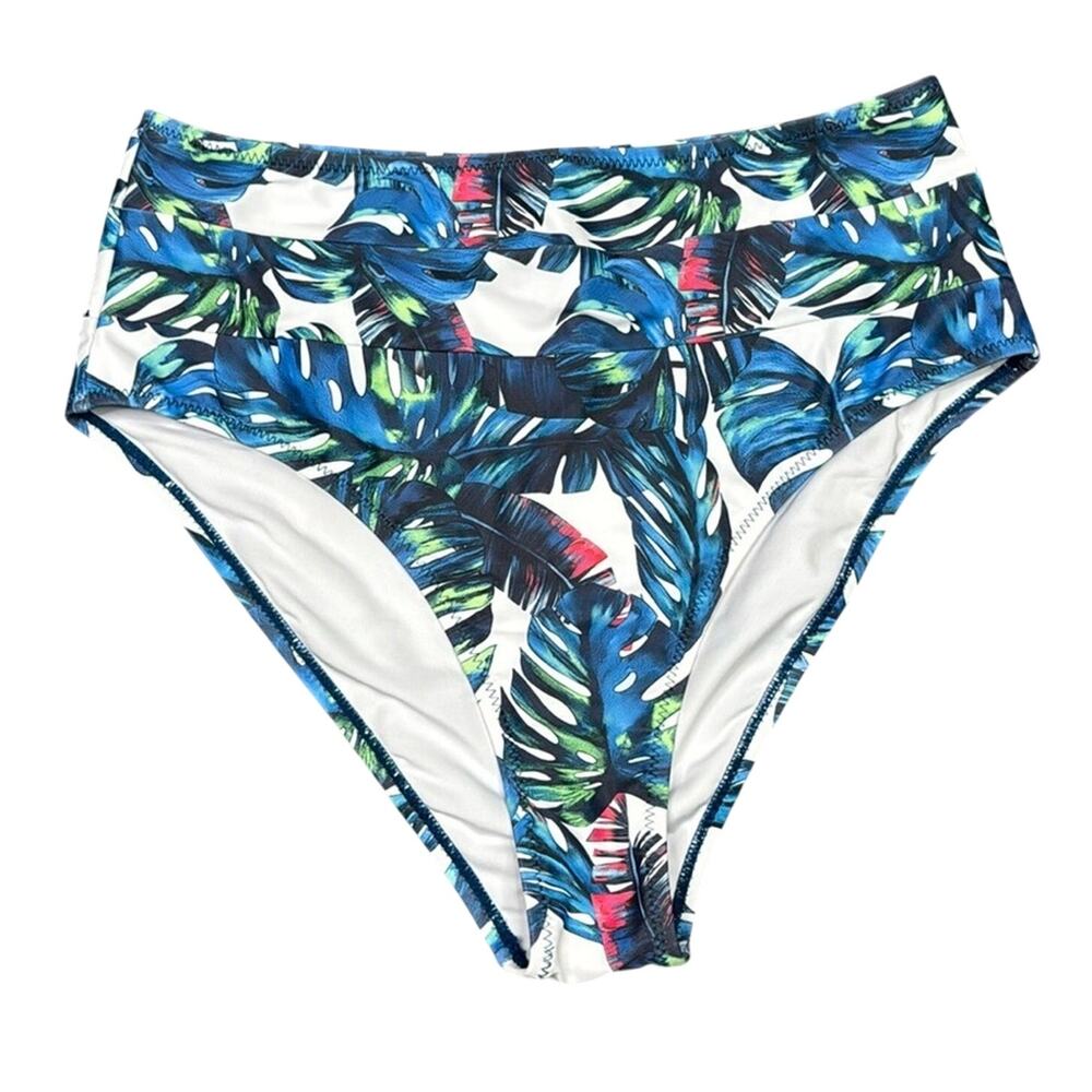 Hilinker Womens Large Floral Tropical Print High Waisted Bikini Bottoms Blue NWT